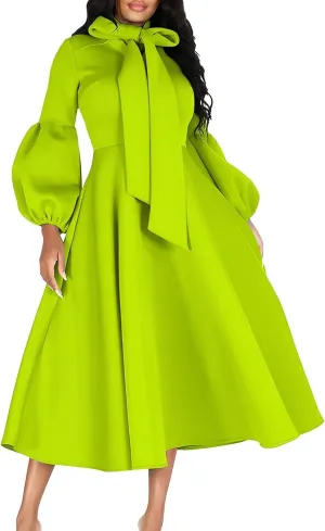 2025 Women's Bow Tie Neck Lantern Sleeve High Waist A-Line Long Dress, Casual Church Dresses with Pockets