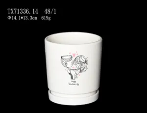 Adorable Round White Ceramic Pot with Cutest Couple Picture - Perfect Valentine's Day Gift