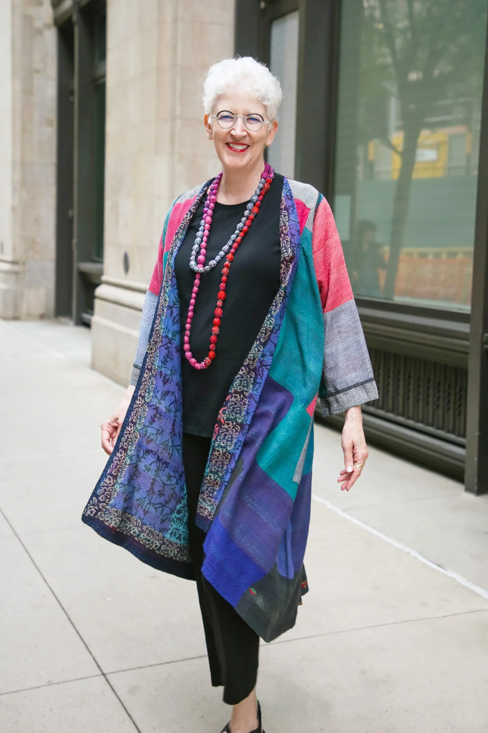 BAGH PRINT KANTHA V-NECK DRESS - bg2418-blu -
