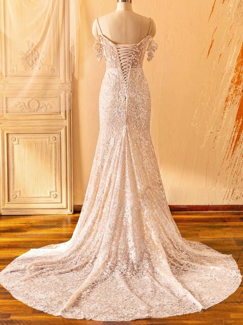 Beaded Lace Cold Shoulder Illusion Corset Mermaid Bridal Gown
