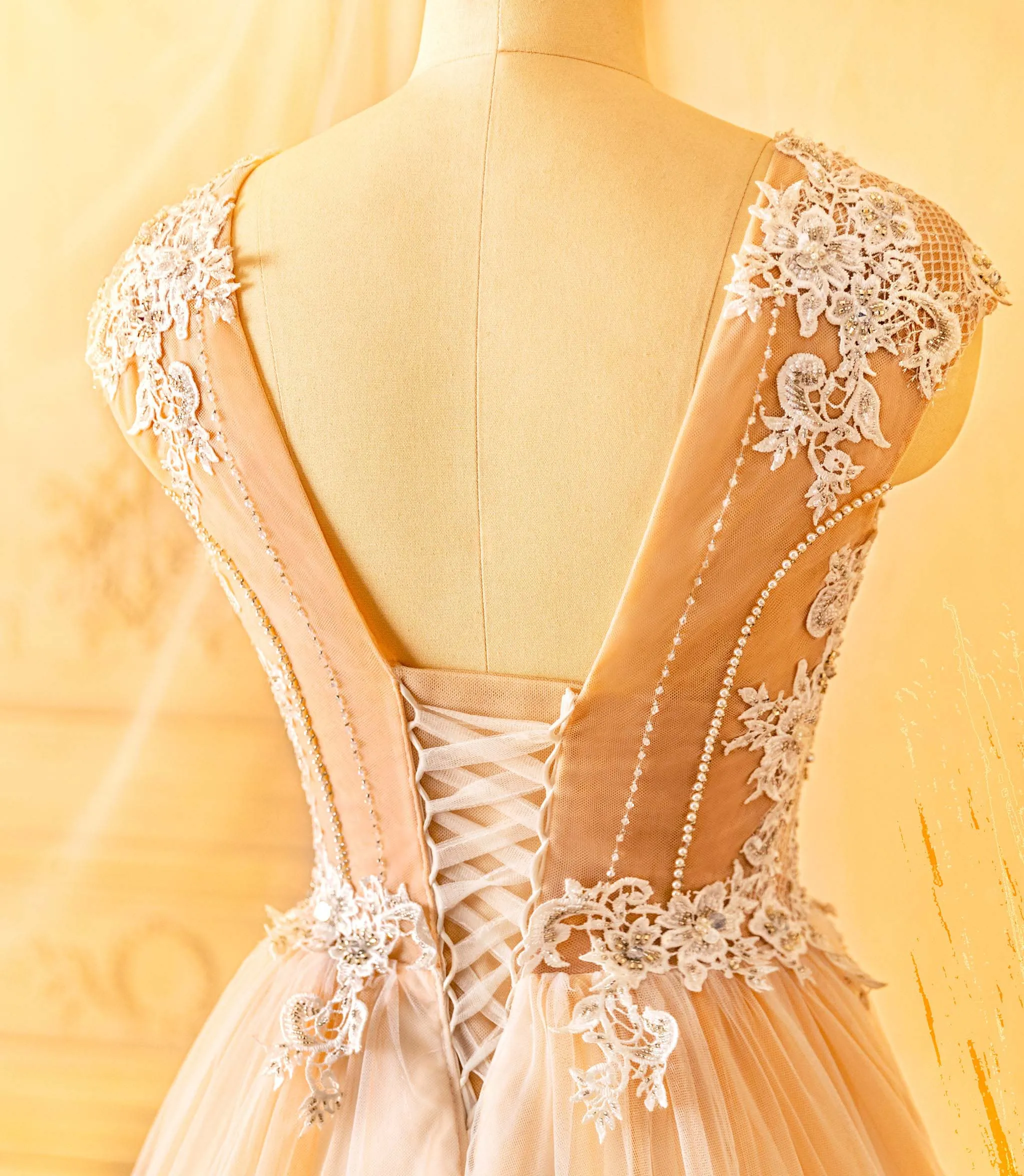Beaded Lace Plunging Neck Cap Sleeves Wedding Ball Gown