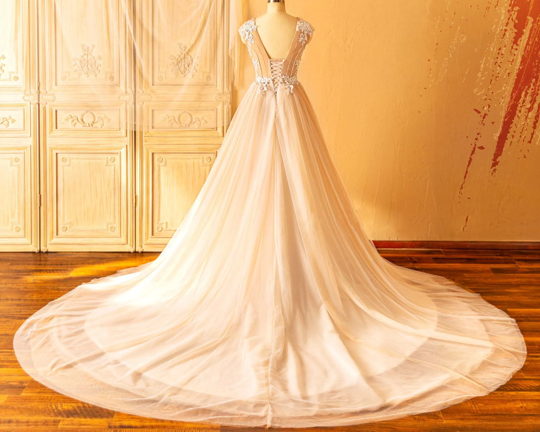 Beaded Lace Plunging Neck Cap Sleeves Wedding Ball Gown