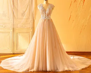 Beaded Lace Plunging Neck Cap Sleeves Wedding Ball Gown