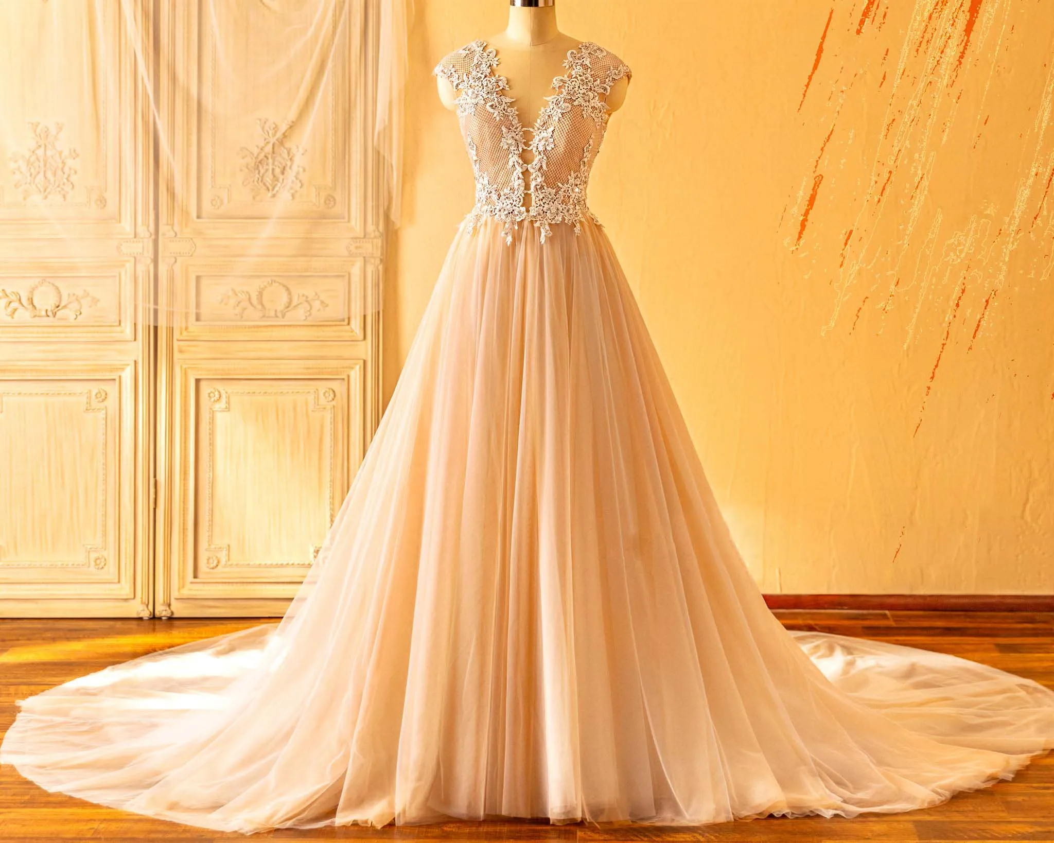 Beaded Lace Plunging Neck Cap Sleeves Wedding Ball Gown