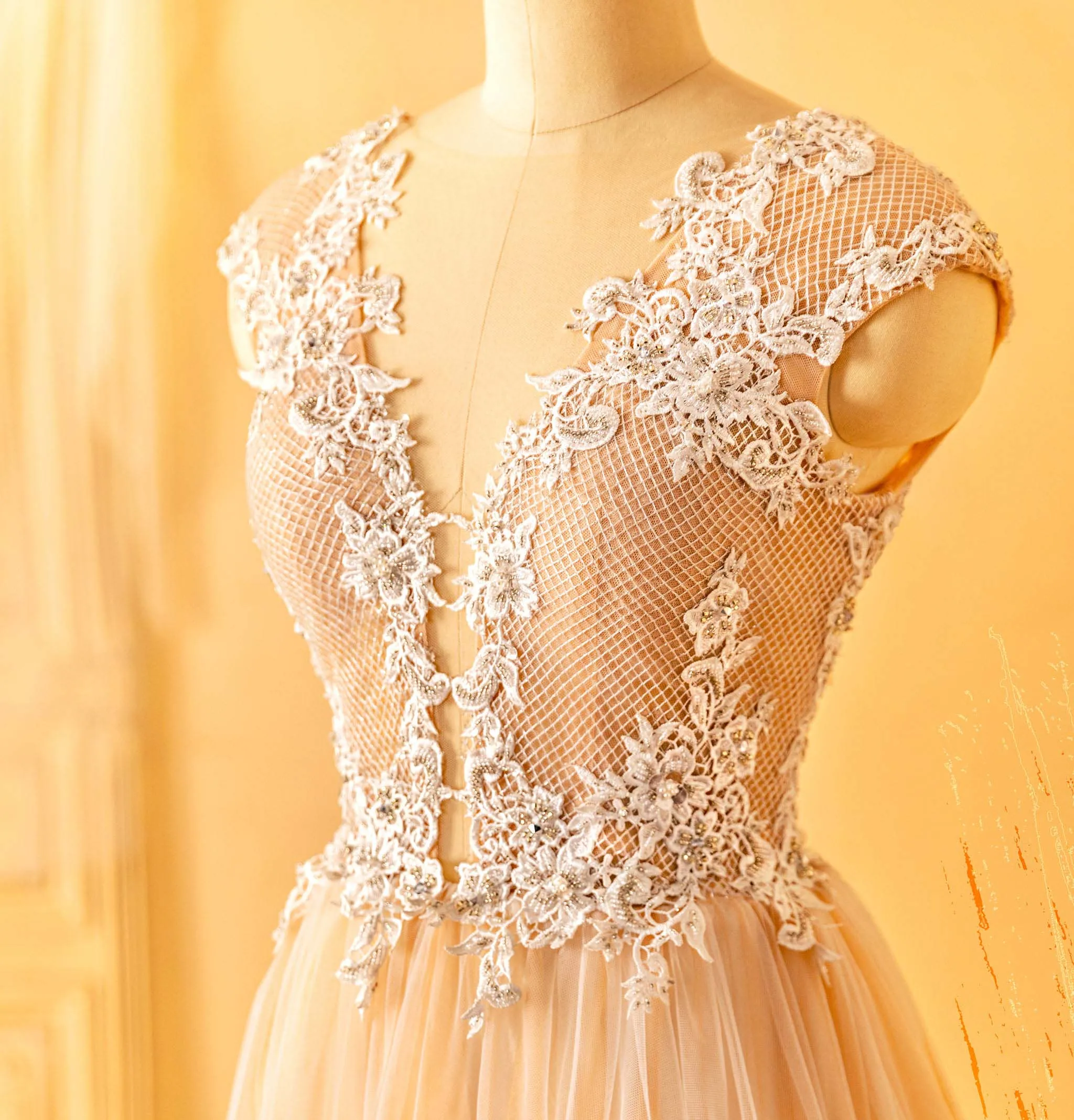 Beaded Lace Plunging Neck Cap Sleeves Wedding Ball Gown