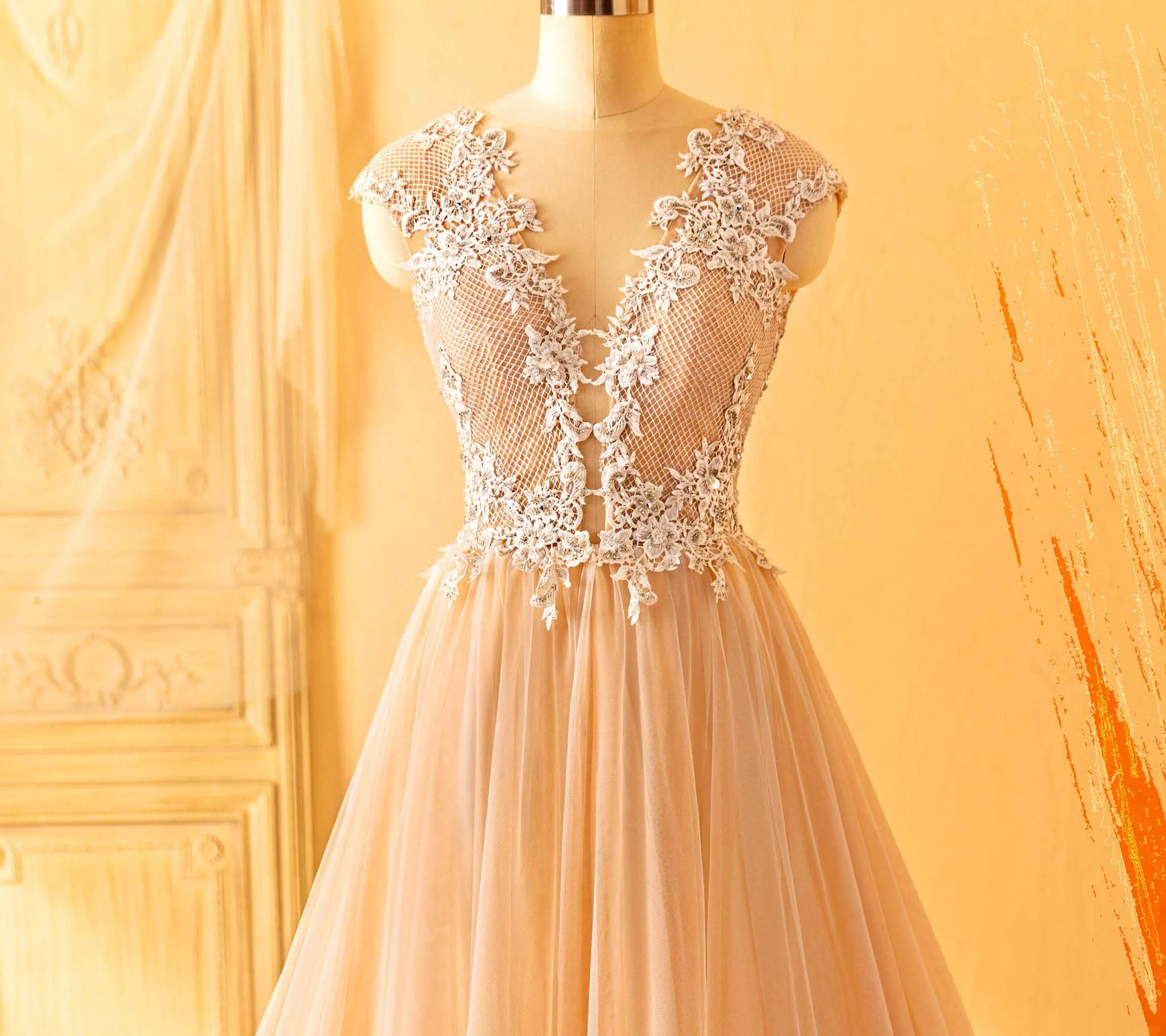Beaded Lace Plunging Neck Cap Sleeves Wedding Ball Gown