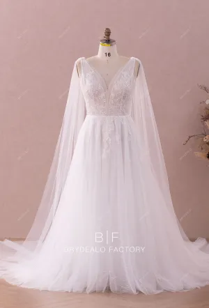 Beaded Lace Plunging Shoulder Veil A-line Wedding Dress