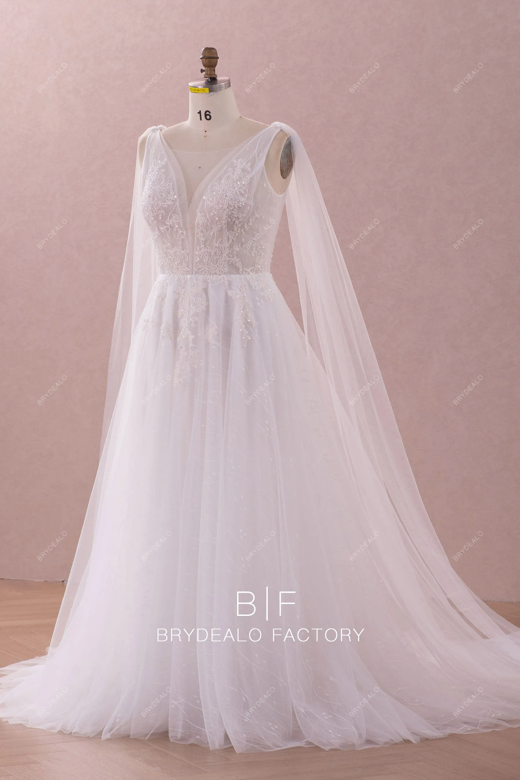Beaded Lace Plunging Shoulder Veil A-line Wedding Dress
