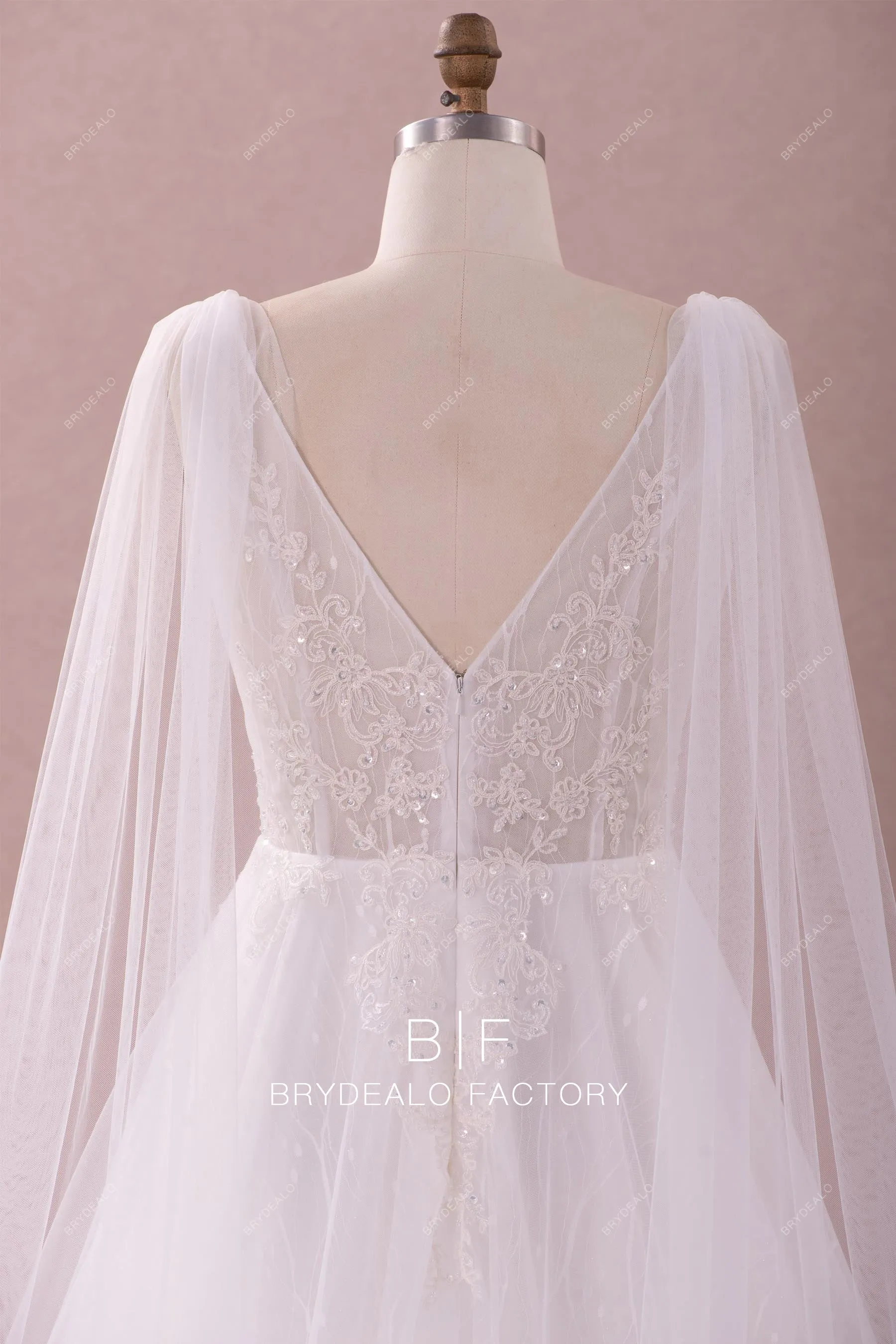 Beaded Lace Plunging Shoulder Veil A-line Wedding Dress