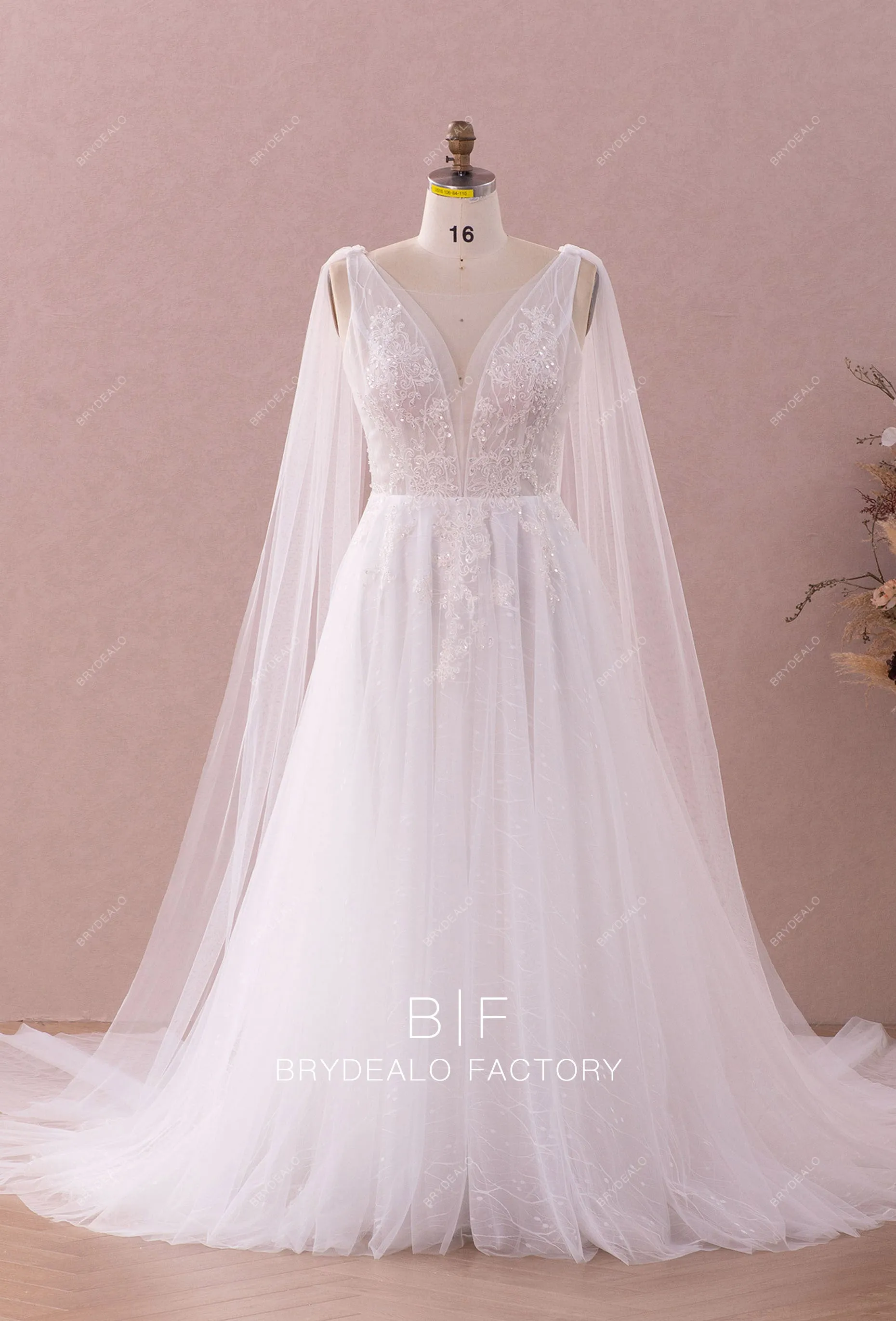 Beaded Lace Plunging Shoulder Veil A-line Wedding Dress