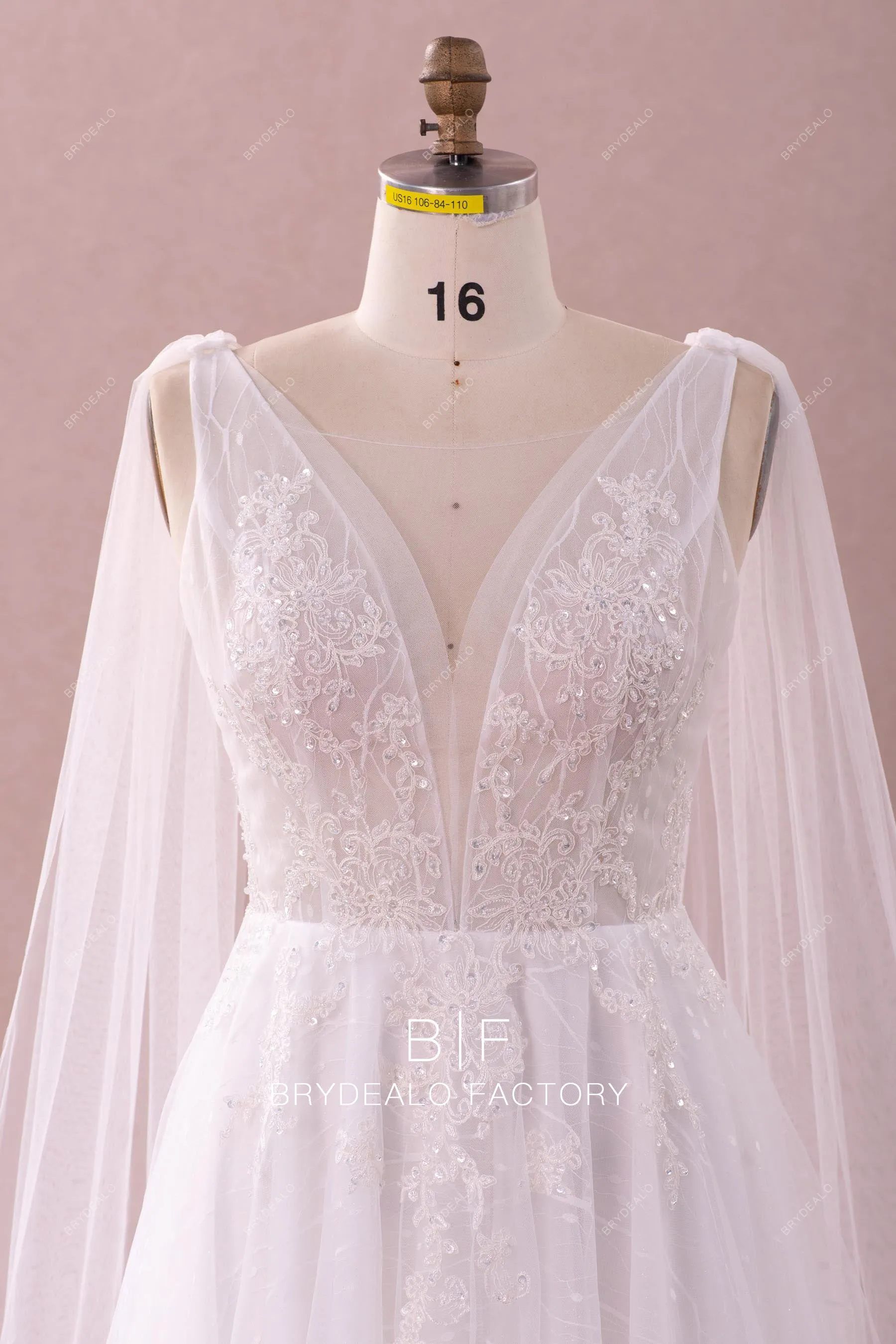 Beaded Lace Plunging Shoulder Veil A-line Wedding Dress