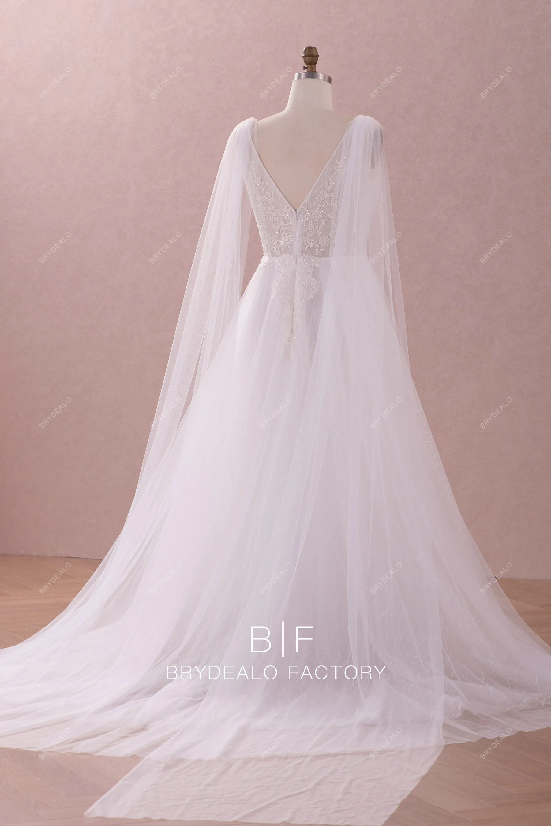Beaded Lace Plunging Shoulder Veil A-line Wedding Dress