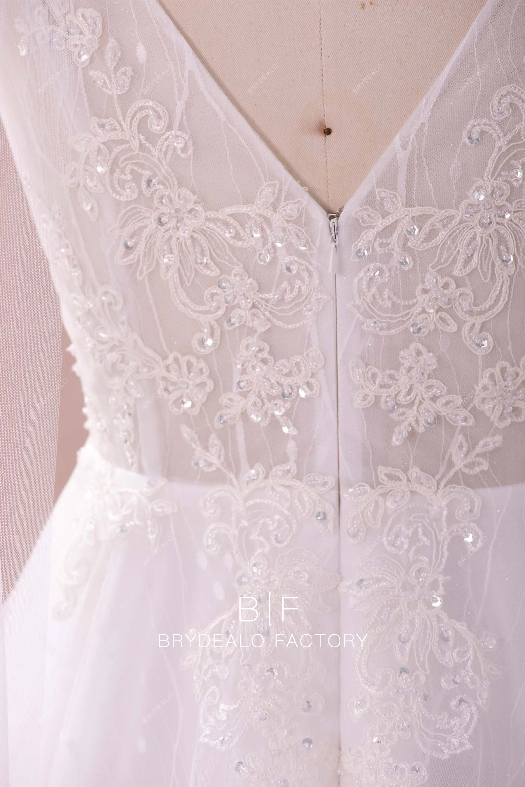 Beaded Lace Plunging Shoulder Veil A-line Wedding Dress