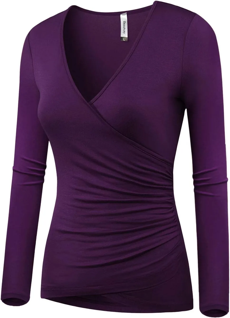 Beauhuty Women's Deep V Neck Slim Fitted Long Sleeve T-Shirt Front Wrap Ruched Tee Tops