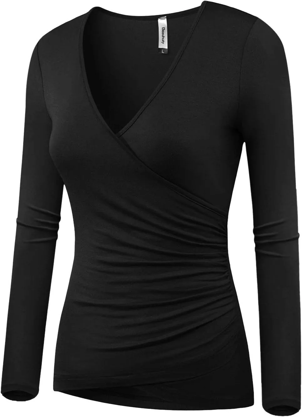 Beauhuty Women's Deep V Neck Slim Fitted Long Sleeve T-Shirt Front Wrap Ruched Tee Tops