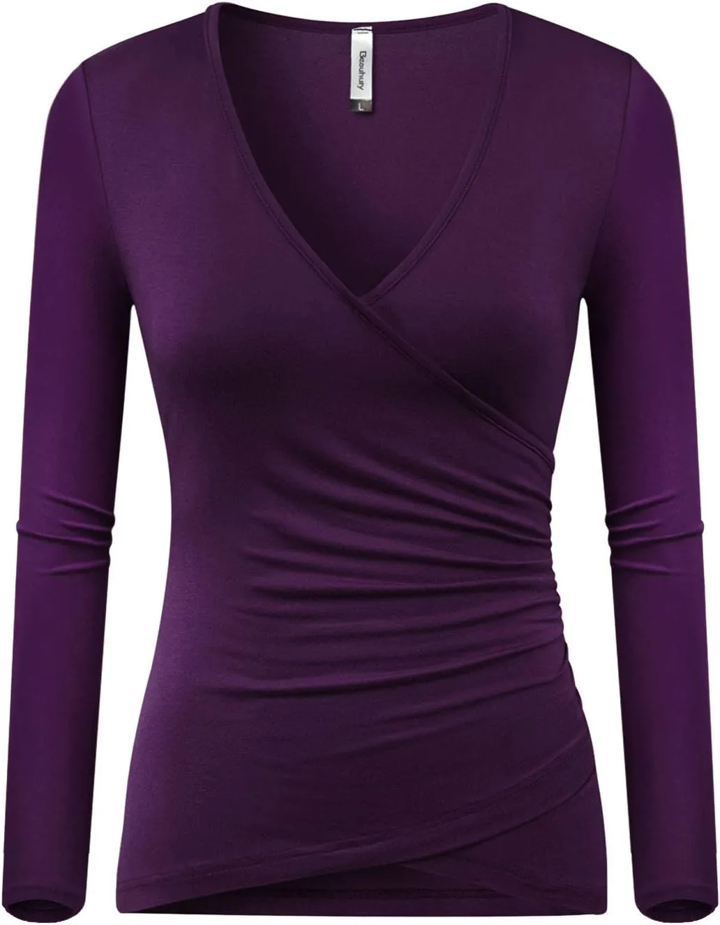 Beauhuty Women's Deep V Neck Slim Fitted Long Sleeve T-Shirt Front Wrap Ruched Tee Tops