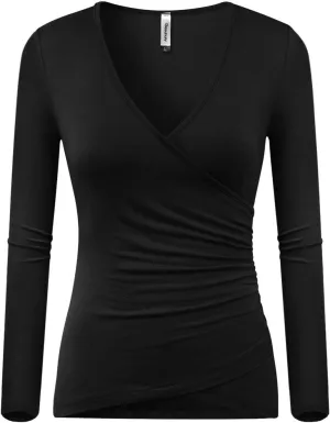 Beauhuty Women's Deep V Neck Slim Fitted Long Sleeve T-Shirt Front Wrap Ruched Tee Tops