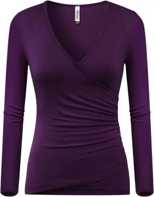 Beauhuty Women's Deep V Neck Slim Fitted Long Sleeve T-Shirt Front Wrap Ruched Tee Tops
