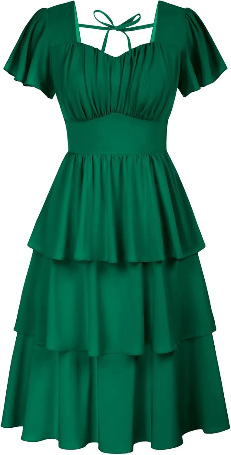 Belle Poque Women's Square Neck Tiered Ruffle Dress 2025 Summer Vintage Short Sleeve Layered A-line Swing Midi Dress