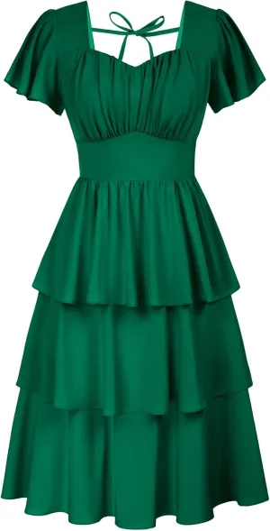 Belle Poque Women's Square Neck Tiered Ruffle Dress 2025 Summer Vintage Short Sleeve Layered A-line Swing Midi Dress