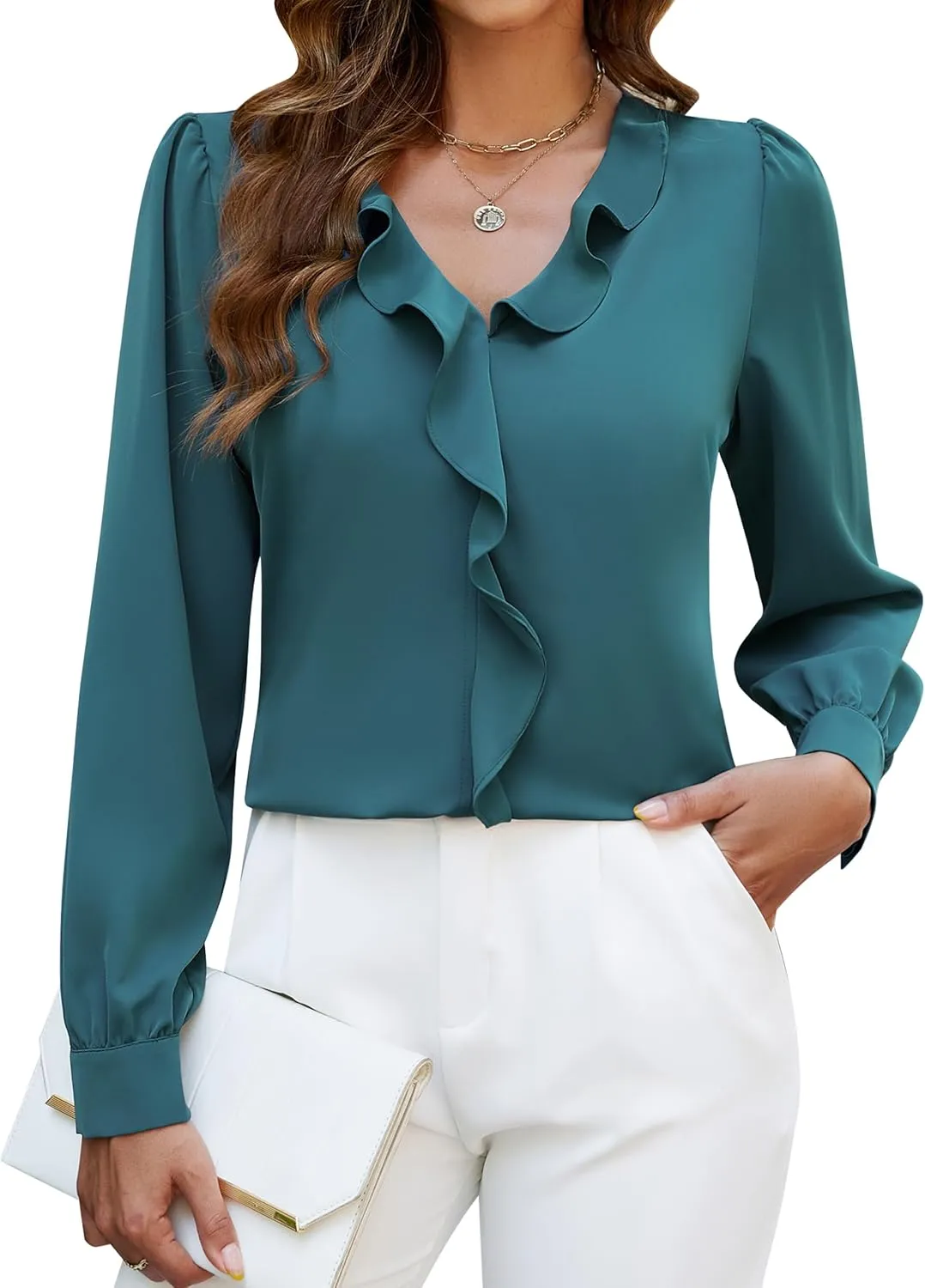 Blooming Jelly Womens Dressy Casual Blouse Business Long Sleeve Tops Ruffle V Neck Work Shirt Fall Outfit 2024