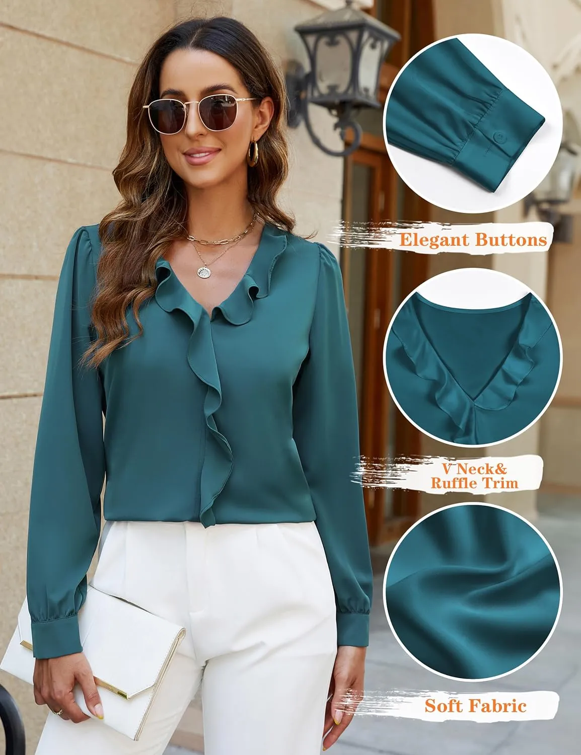 Blooming Jelly Womens Dressy Casual Blouse Business Long Sleeve Tops Ruffle V Neck Work Shirt Fall Outfit 2024