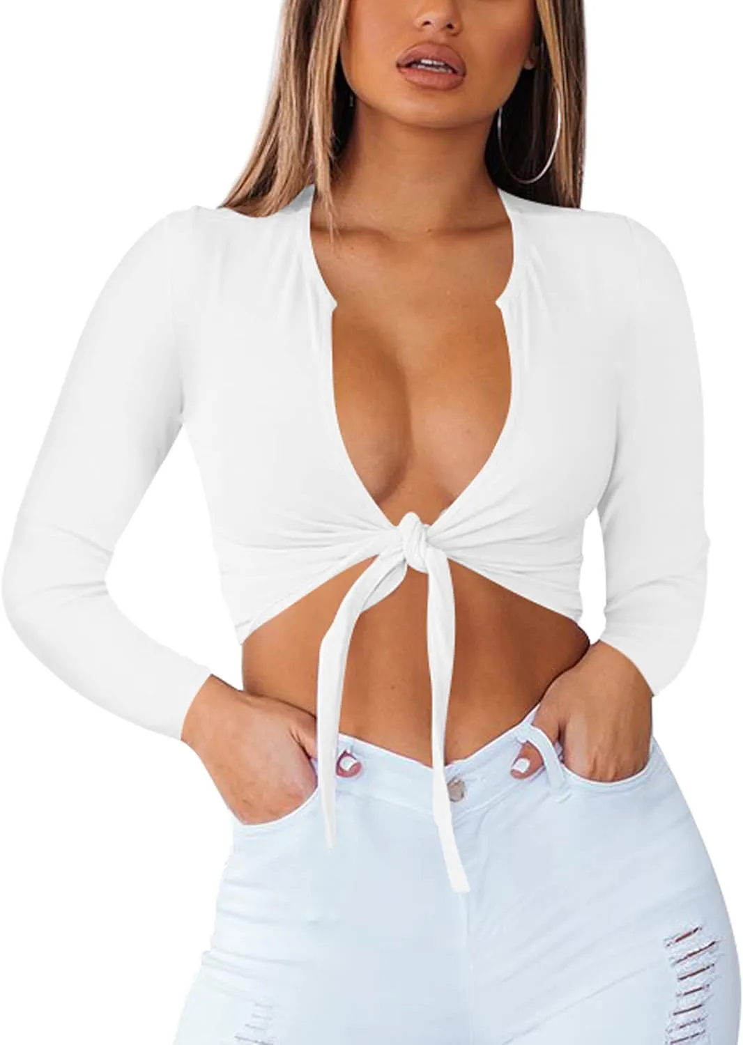 BORIFLORS Women's Sexy Tie Up Crop Top Short Sleeve Deep V Neck Casual Basic T Shirt