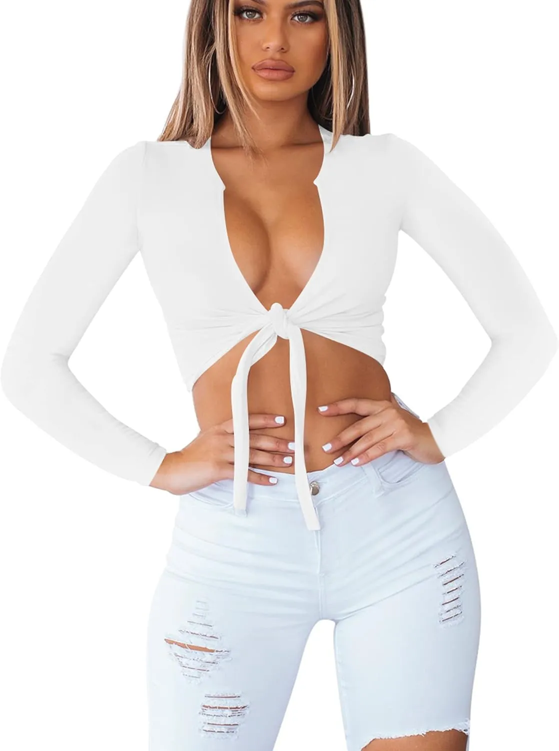BORIFLORS Women's Sexy Tie Up Crop Top Short Sleeve Deep V Neck Casual Basic T Shirt