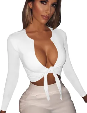 BORIFLORS Women's Sexy Tie Up Crop Top Short Sleeve Deep V Neck Casual Basic T Shirt