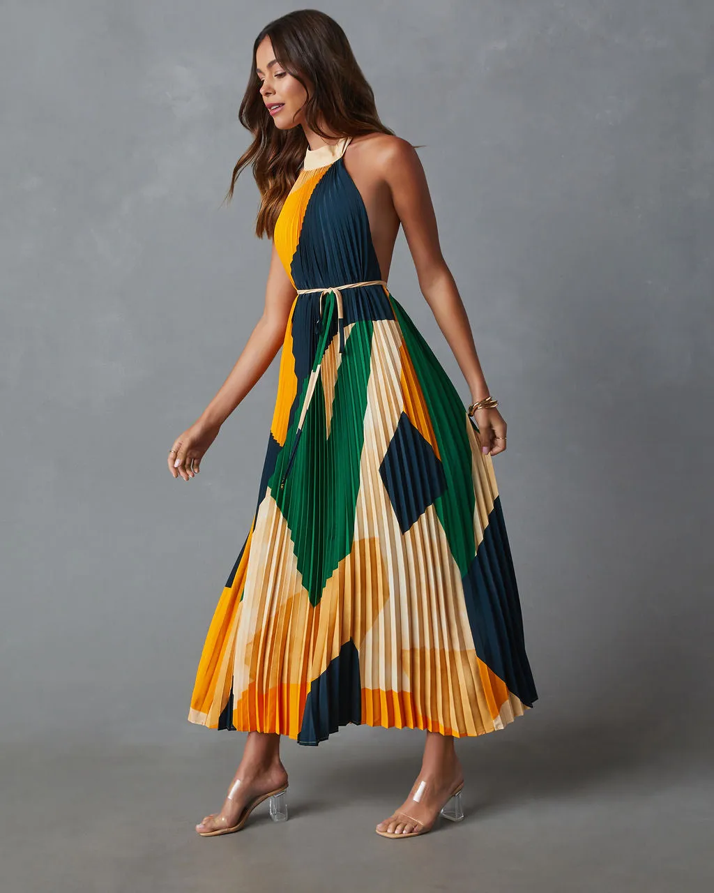 Cheyenne Abstract Pleated Halter Midi Dress