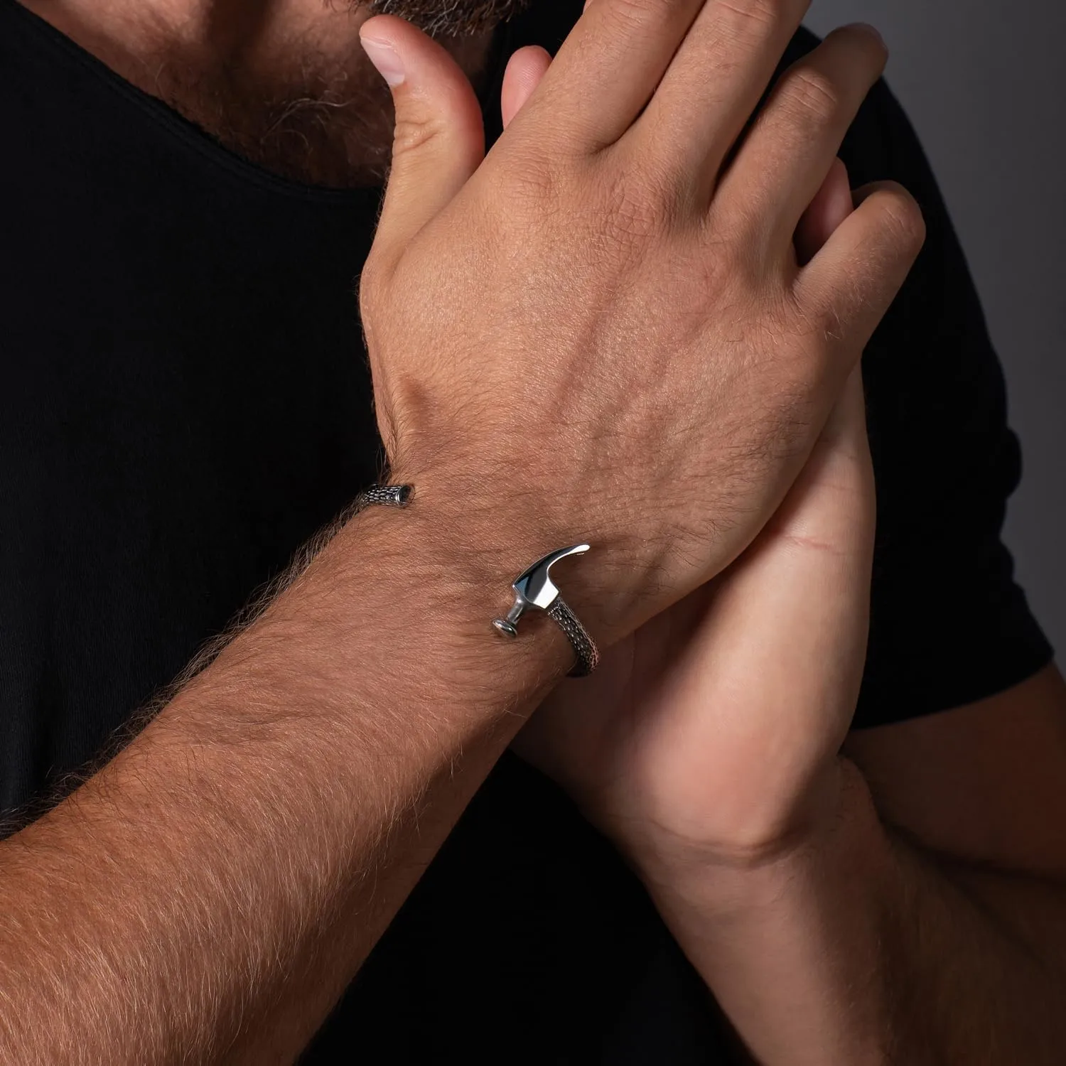 Elegatto Premium Hammer Cuff Bracelet for Men | Black-Plated Marine-Grade Stainless Steel with Chiseled Texture | Mens Designer Jewelry
