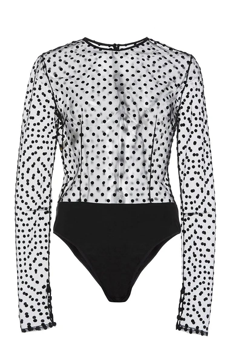 Elizabeth Kennedy Flocked Dot Illusion Bodysuit