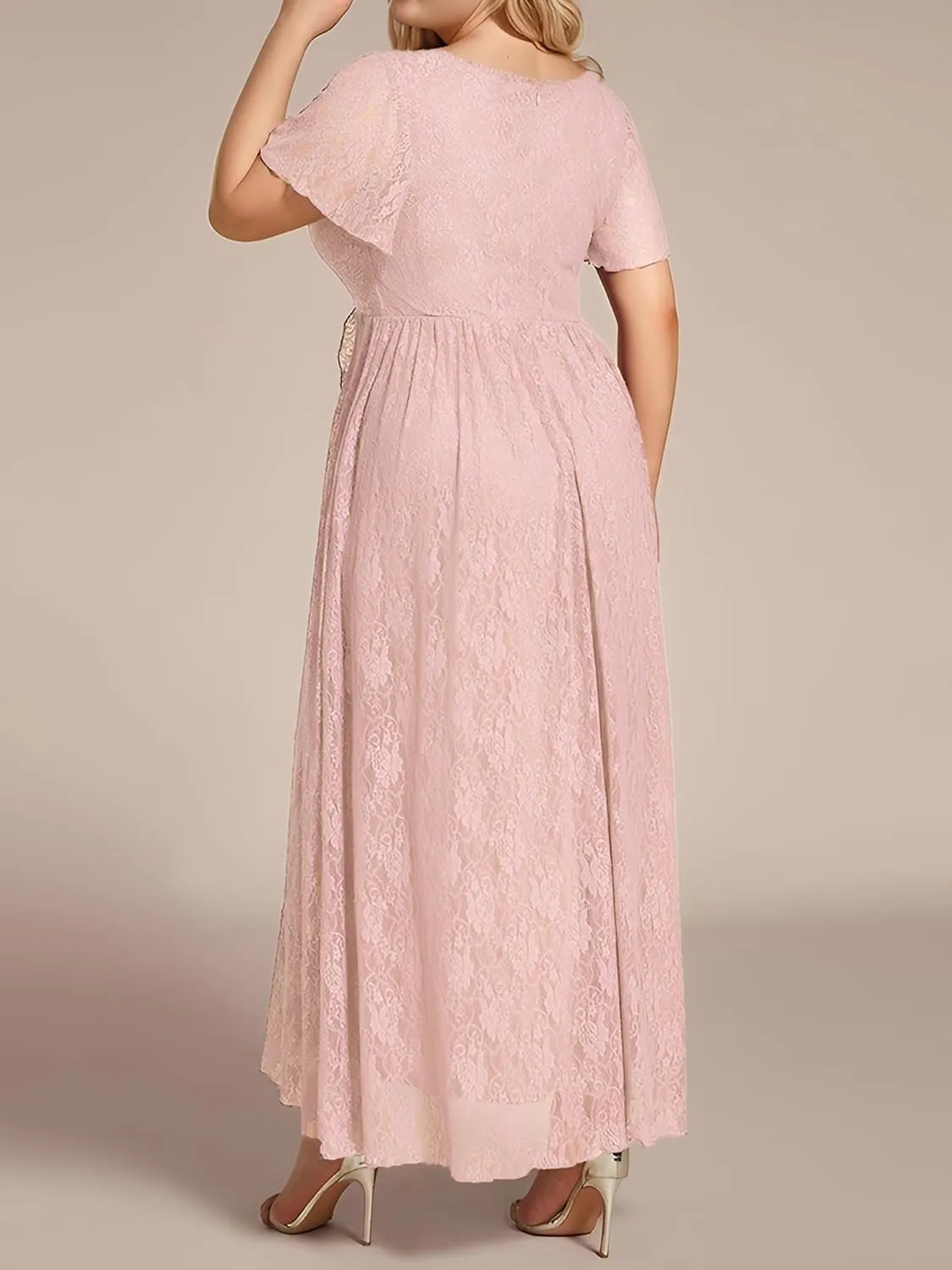 Ever-Pretty Women's V Neck Ruffles Sleeves High Low Lace Plus Size Summer Cocktail Party Wedding Guest Dresses 01489-DAPH