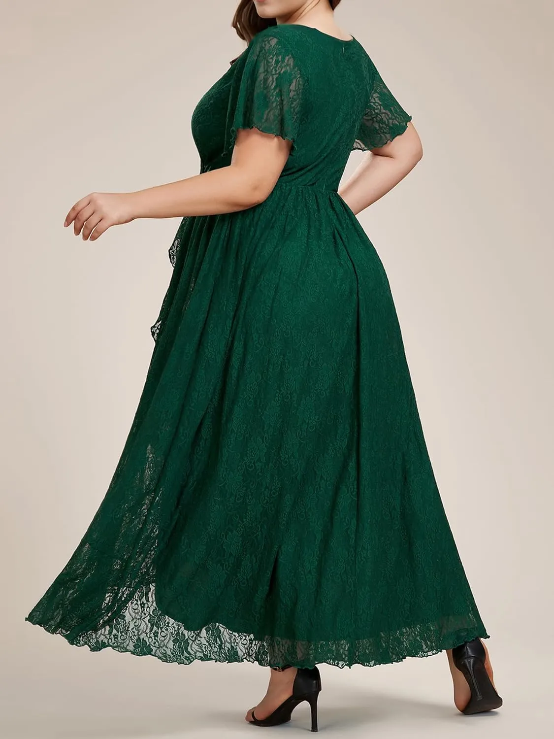 Ever-Pretty Women's V Neck Ruffles Sleeves High Low Lace Plus Size Summer Cocktail Party Wedding Guest Dresses 01489-DAPH