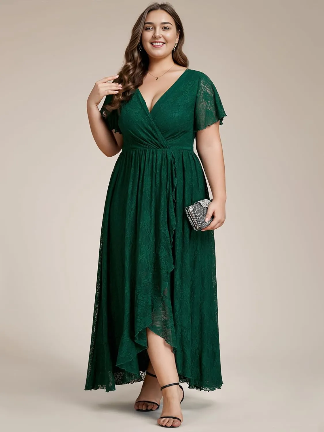 Ever-Pretty Women's V Neck Ruffles Sleeves High Low Lace Plus Size Summer Cocktail Party Wedding Guest Dresses 01489-DAPH