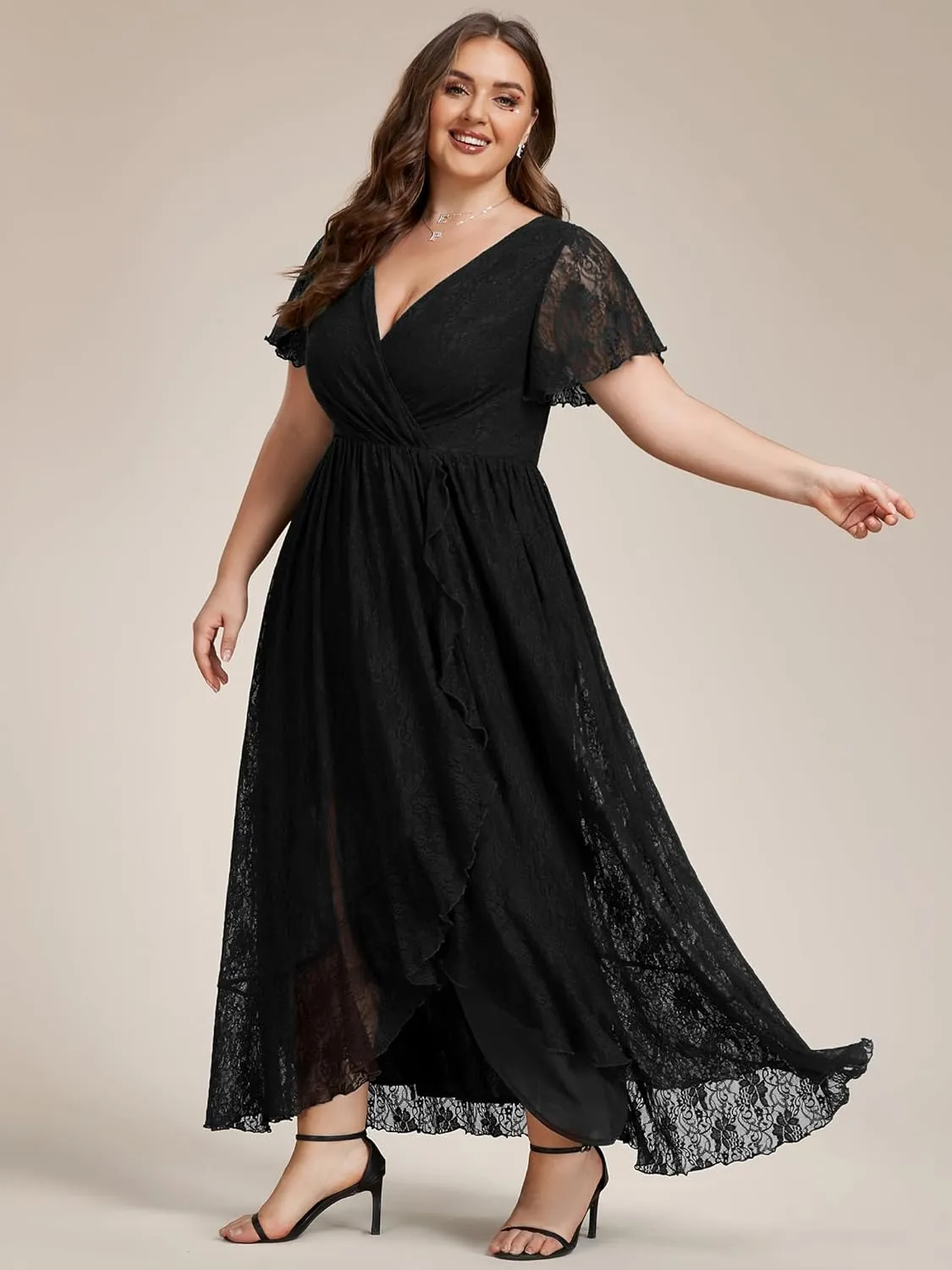 Ever-Pretty Women's V Neck Ruffles Sleeves High Low Lace Plus Size Summer Cocktail Party Wedding Guest Dresses 01489-DAPH