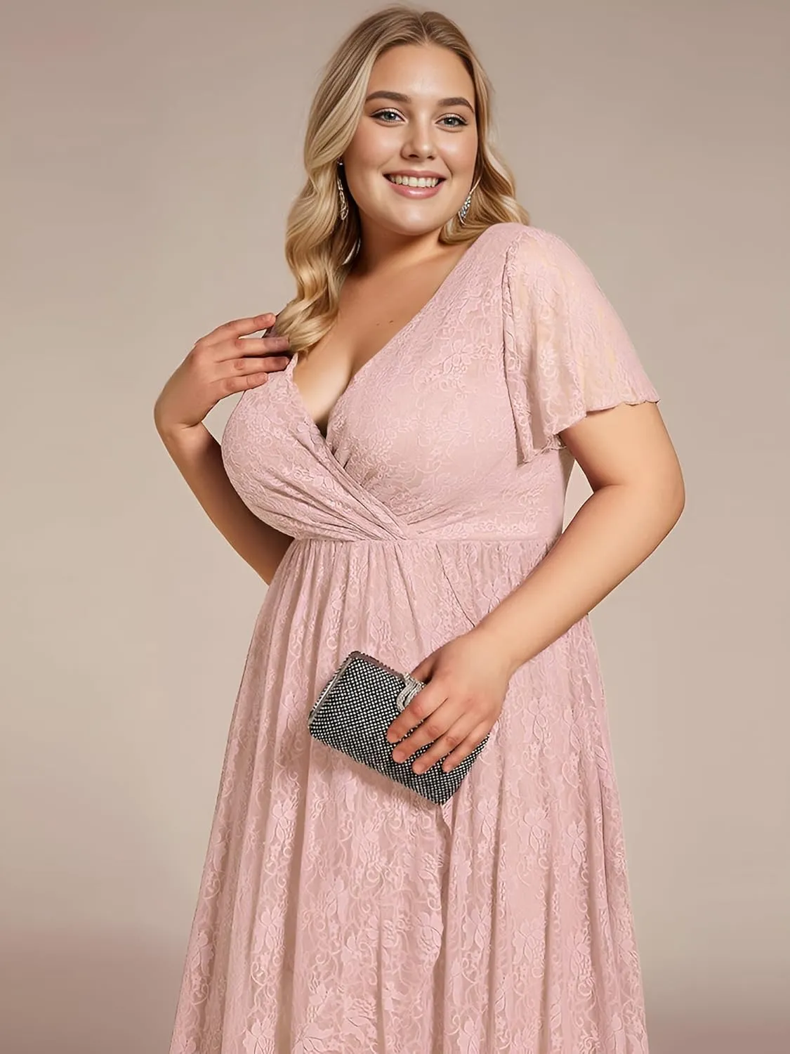 Ever-Pretty Women's V Neck Ruffles Sleeves High Low Lace Plus Size Summer Cocktail Party Wedding Guest Dresses 01489-DAPH