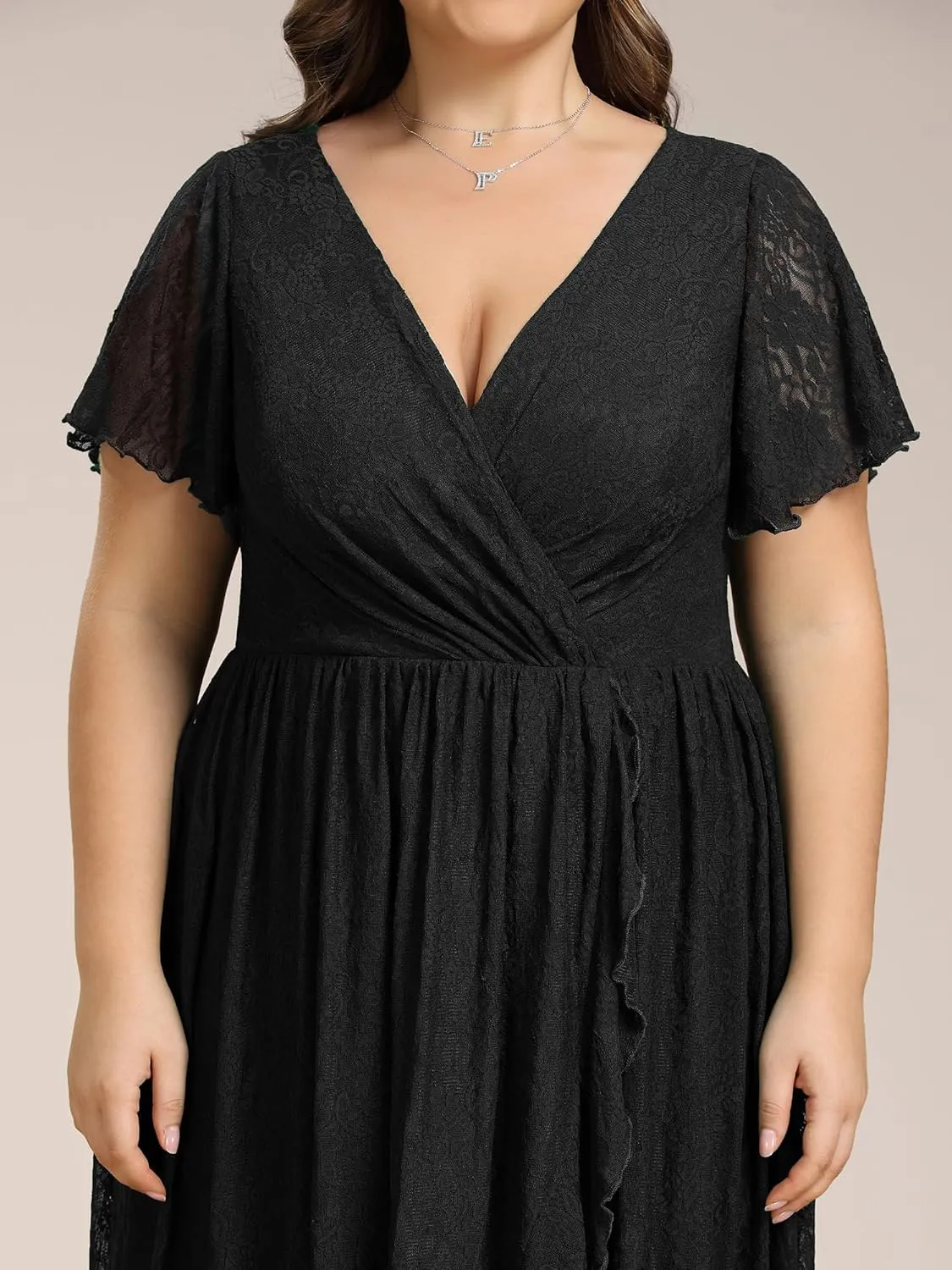 Ever-Pretty Women's V Neck Ruffles Sleeves High Low Lace Plus Size Summer Cocktail Party Wedding Guest Dresses 01489-DAPH
