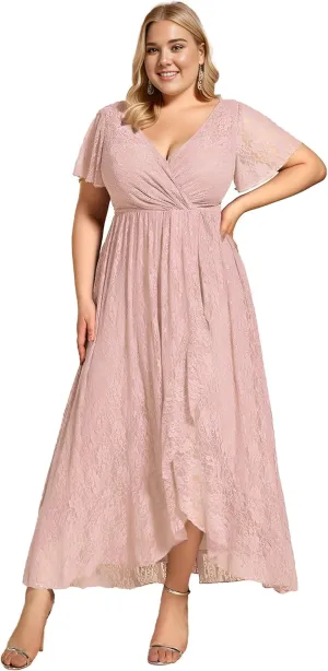 Ever-Pretty Women's V Neck Ruffles Sleeves High Low Lace Plus Size Summer Cocktail Party Wedding Guest Dresses 01489-DAPH