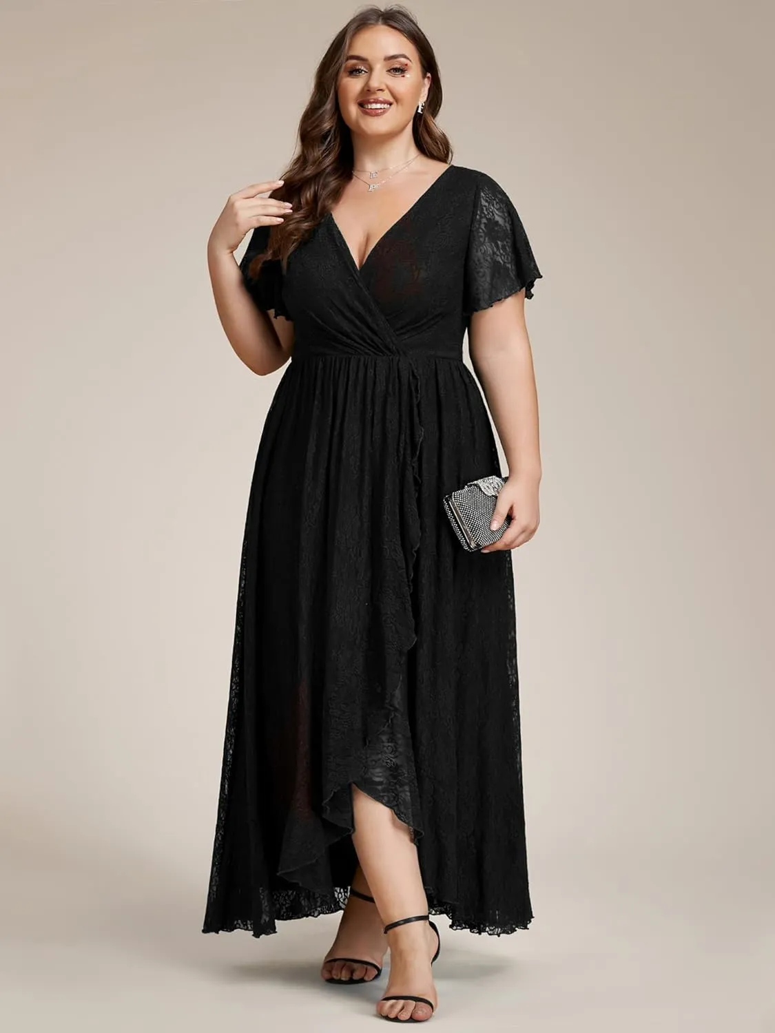 Ever-Pretty Women's V Neck Ruffles Sleeves High Low Lace Plus Size Summer Cocktail Party Wedding Guest Dresses 01489-DAPH