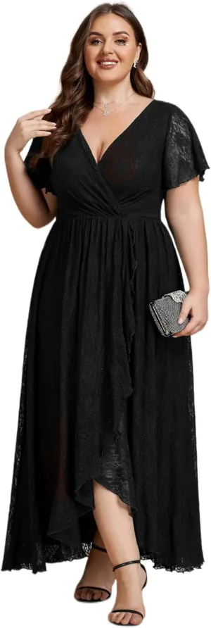 Ever-Pretty Women's V Neck Ruffles Sleeves High Low Lace Plus Size Summer Cocktail Party Wedding Guest Dresses 01489-DAPH