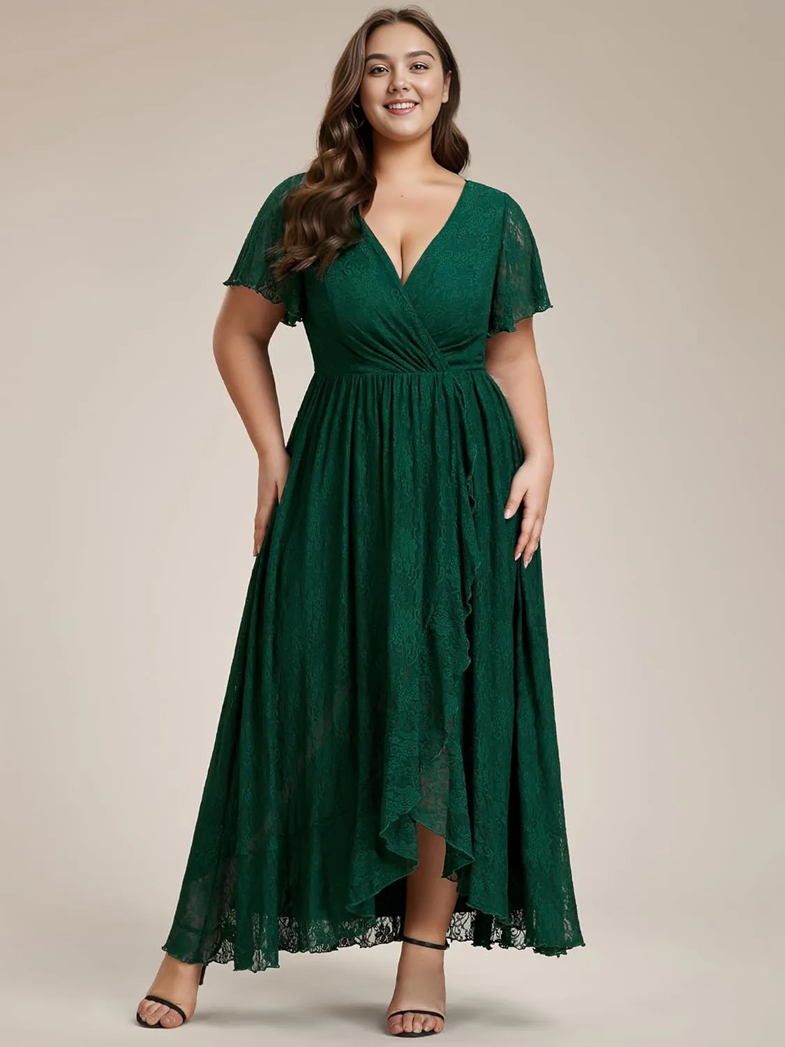 Ever-Pretty Women's V Neck Ruffles Sleeves High Low Lace Plus Size Summer Cocktail Party Wedding Guest Dresses 01489-DAPH
