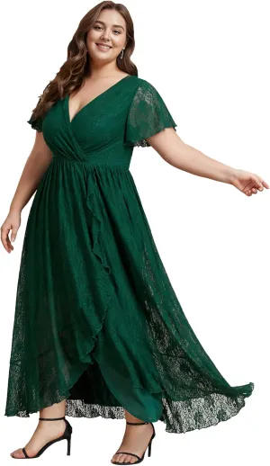 Ever-Pretty Women's V Neck Ruffles Sleeves High Low Lace Plus Size Summer Cocktail Party Wedding Guest Dresses 01489-DAPH