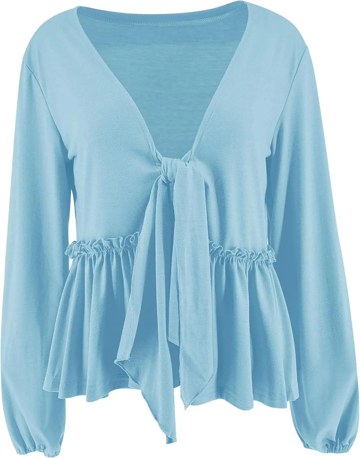 Fanway&EC Women's Long Sleeve V Neck Blouses Babydoll Tie Front Shirts Ruffle Hem Casual Crop Tops