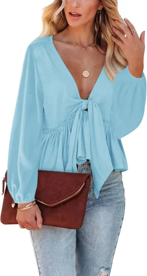Fanway&EC Women's Long Sleeve V Neck Blouses Babydoll Tie Front Shirts Ruffle Hem Casual Crop Tops
