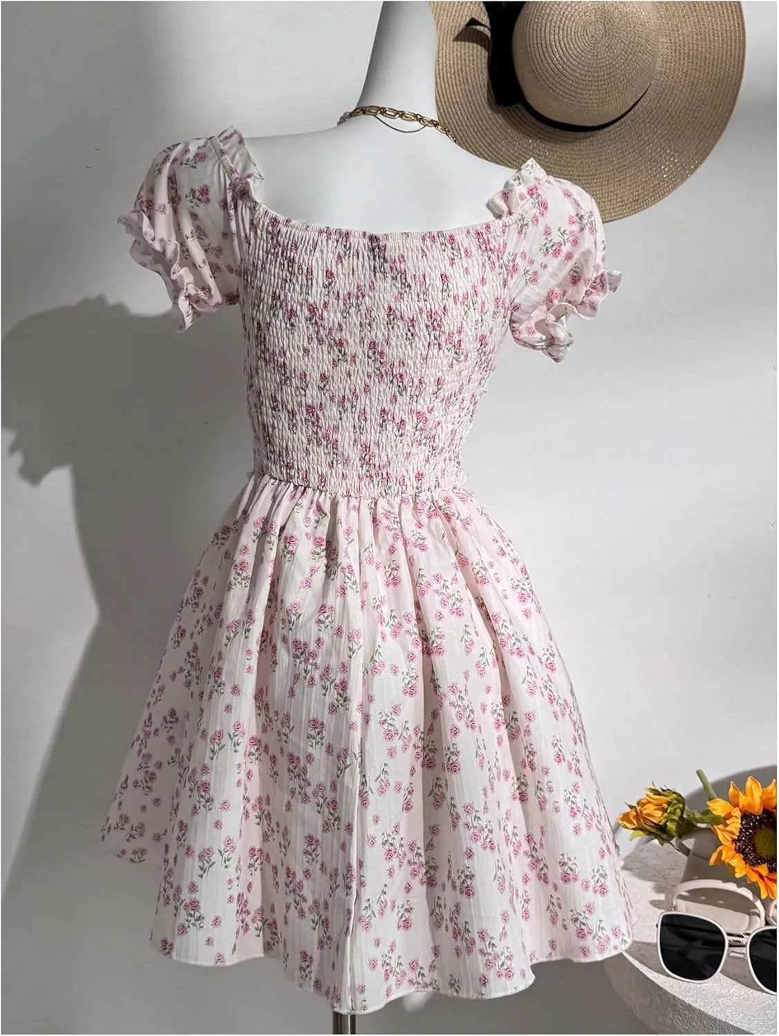 Floerns Women's Boho Floral Print Off Shoulder Tie Front Ruffle Puff Sleeve Short Dress