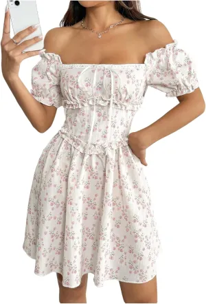 Floerns Women's Boho Floral Print Off Shoulder Tie Front Ruffle Puff Sleeve Short Dress