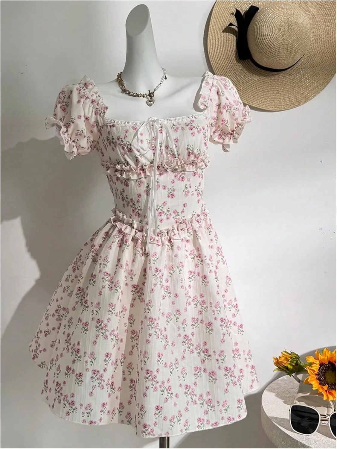 Floerns Women's Boho Floral Print Off Shoulder Tie Front Ruffle Puff Sleeve Short Dress