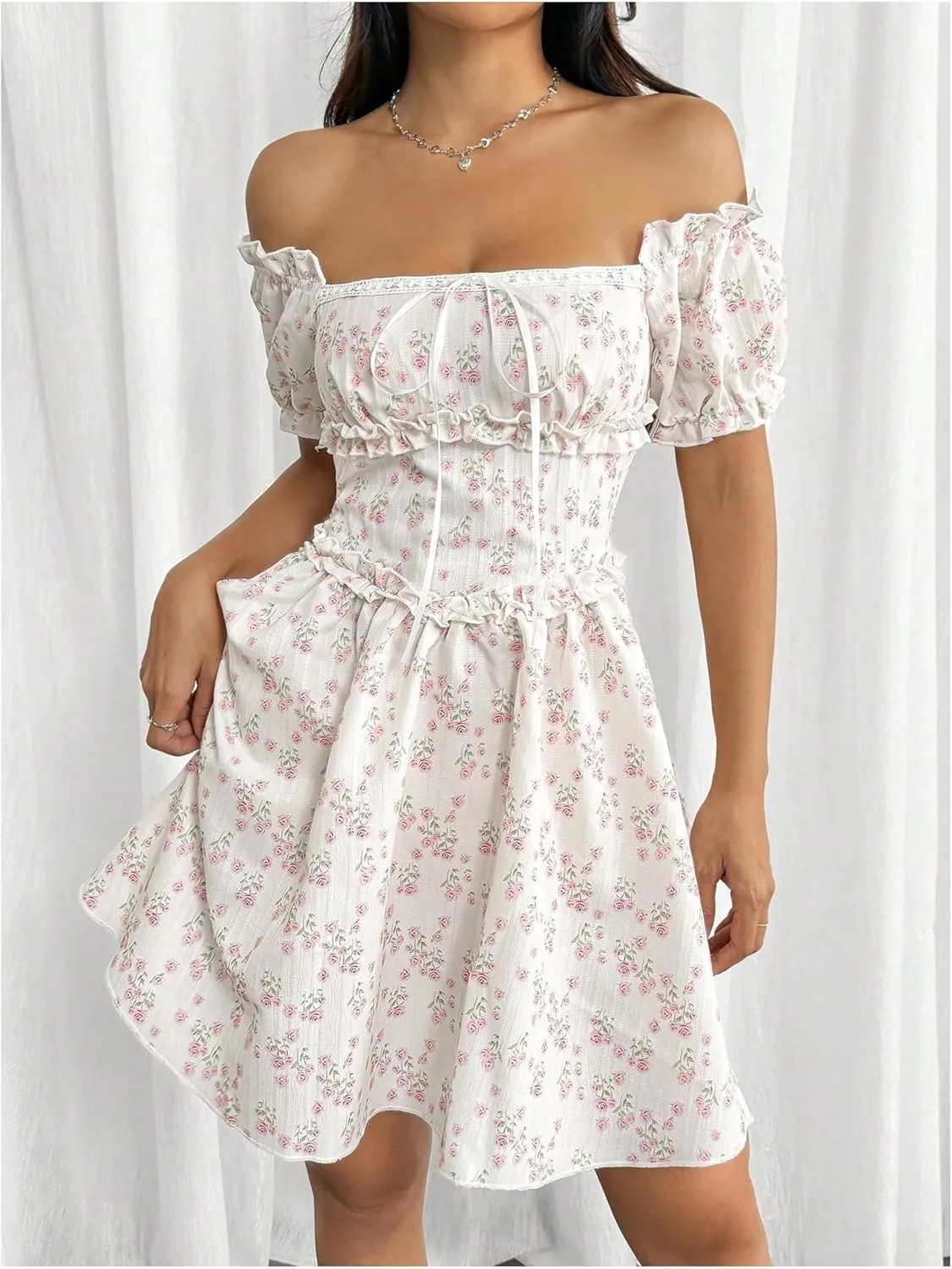 Floerns Women's Boho Floral Print Off Shoulder Tie Front Ruffle Puff Sleeve Short Dress