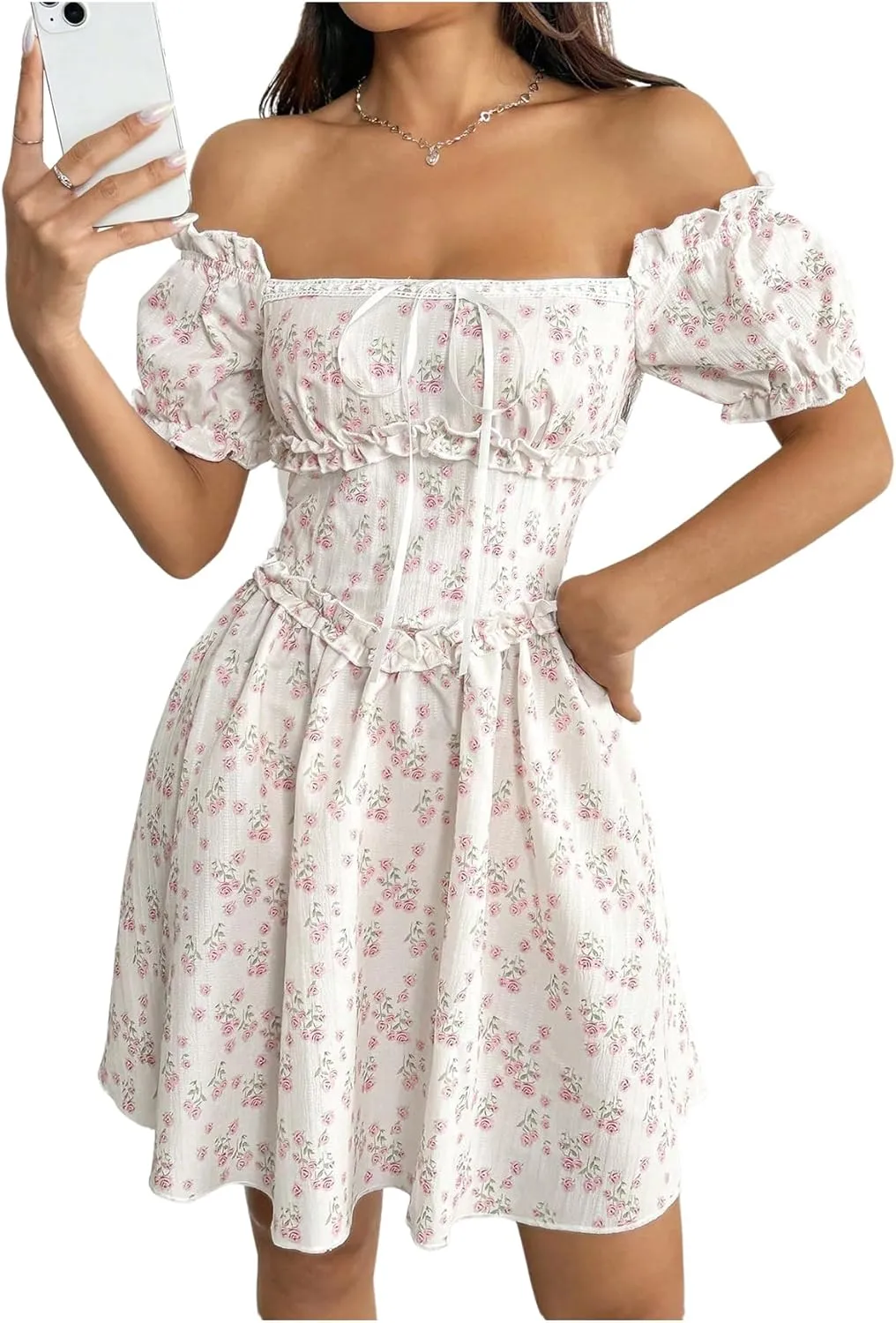 Floerns Women's Boho Floral Print Off Shoulder Tie Front Ruffle Puff Sleeve Short Dress